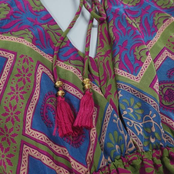 Lovin India Boho Dress XS Purple Paisley Tiered Plunged Hi-Low Midi Festival - Picture 13 of 15